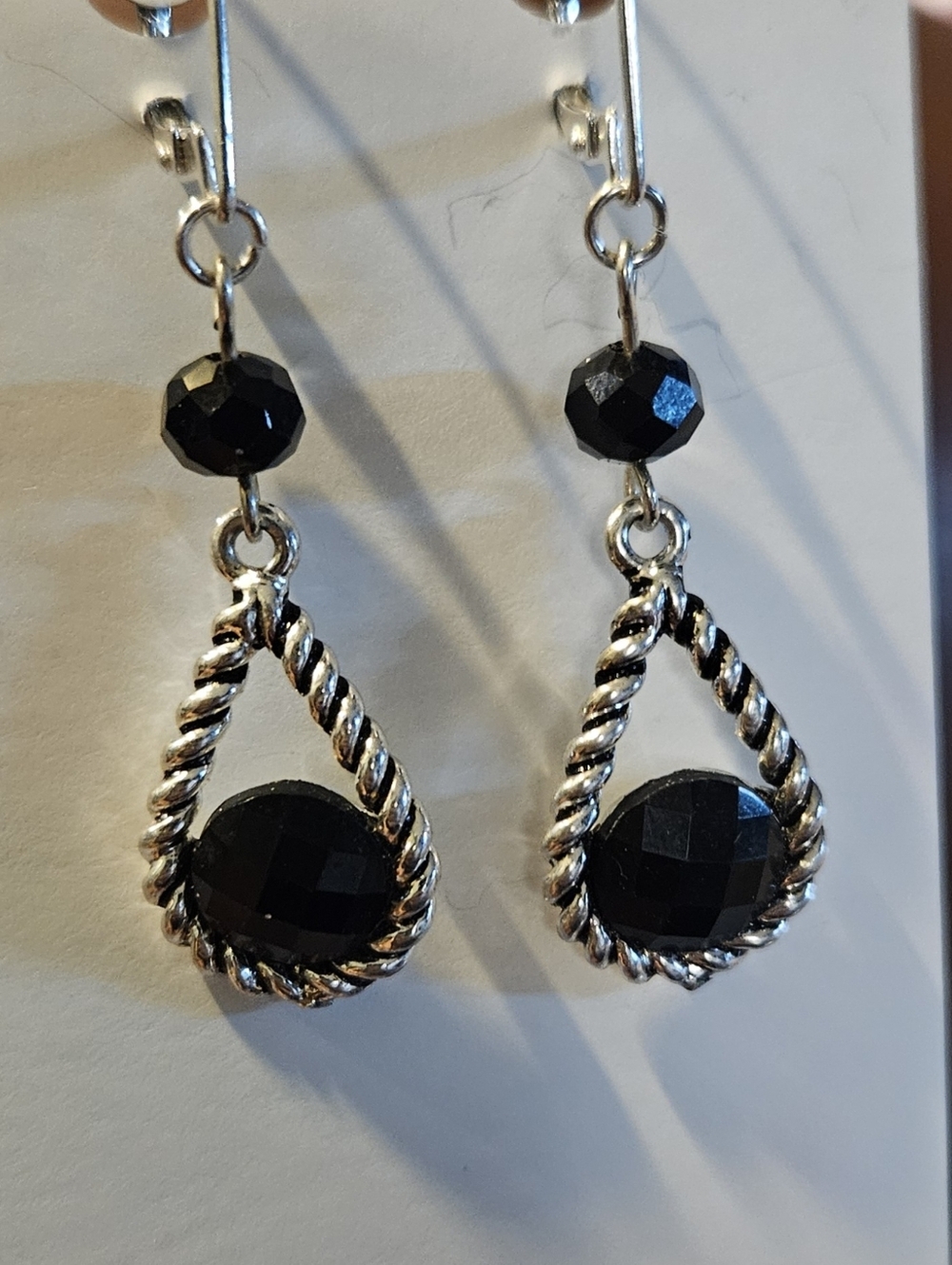 Silver Tone Dangle Leverback Earringscw/ Faceted Black Rondells Handmade